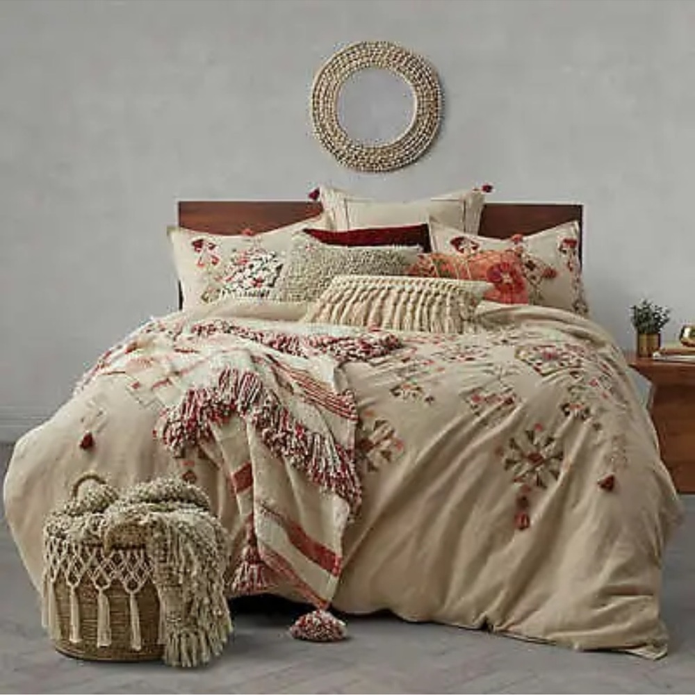 Bohemian/Boho 68"x90" Global Caravan Tassel Embroidery Natural Twin Duvet Cover
